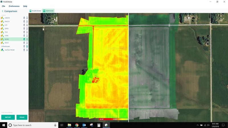 NDRE vs RGB using the split-screen tool