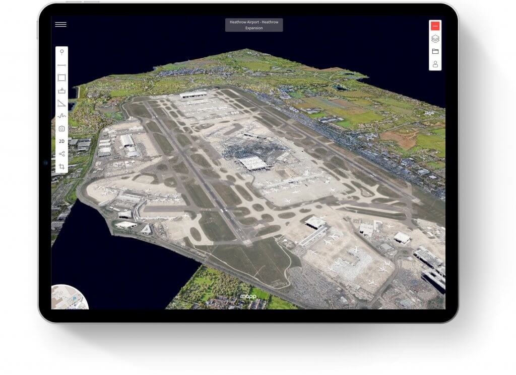 Tablet showing 3D digital surface model of Heathrow Airport.