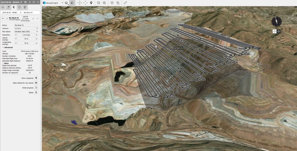 Screenshot of eMotion flight planning software showing its full 3D environment and pit wall map, overlaid with the path of the eBee X drone.