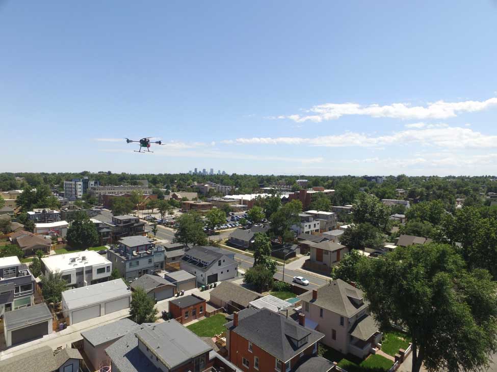 Drone flying over Denver, Colorado